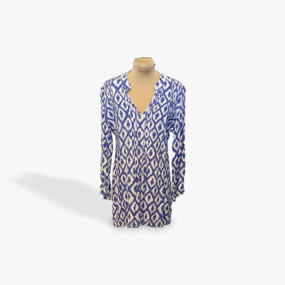 Lilly Pulitzer Blue White Ikat Pineapple Print Rayon‎ Tunic Top Mens Medium